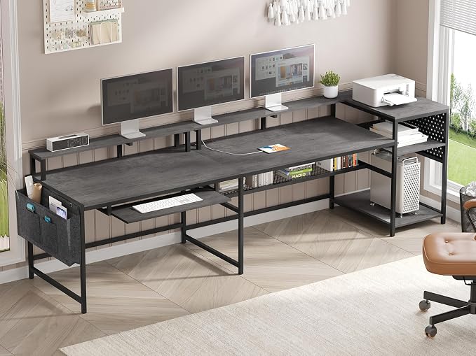 SEDETA L Shaped Gaming Desk, Convertible 96" Home Office Desk or Corner Desk, L Shaped Table with Power Outlets & LED Strip, Monitor Stand, Keyboard Tray, Pegboard and Storage Shelves, Grey - Image 2