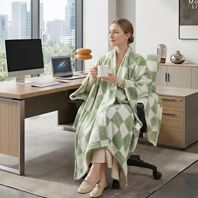 The Chair Blanket for Office,3-in-1(Chair Blanket/Seat Cushion/Pillow) Stay-in-Place Office Blankets for Women Work,Warm Smooth Velvet & Shed-Free,Size M-Green - Image 2