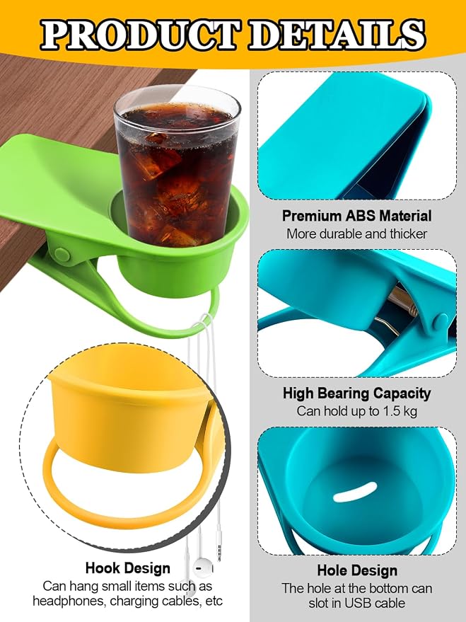3PCS Clip on Cup Holder for Chair, Kalolary Drink Holder, Yellow Blue Green - Image 3