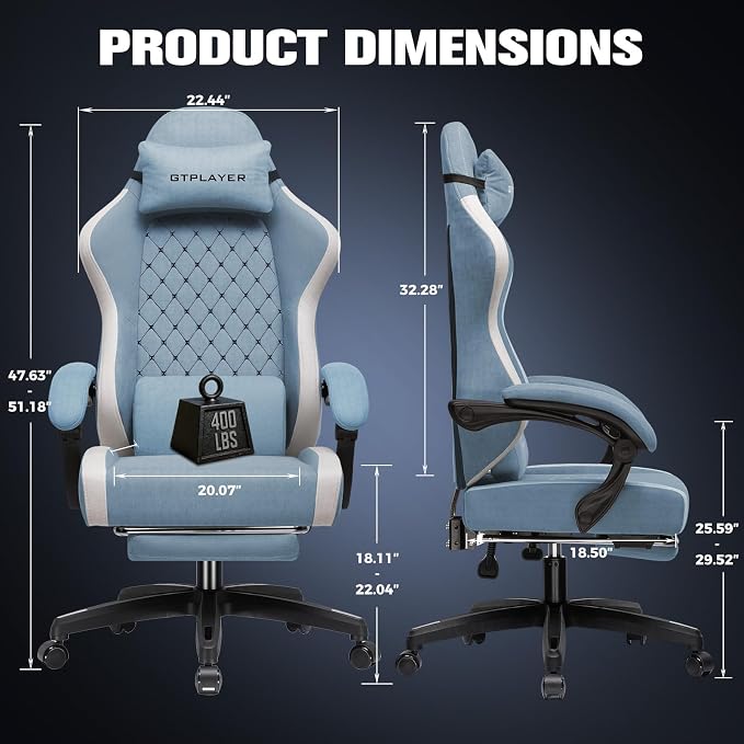 GTPLAYER Gaming Chair, Ergonomic Computer Chair with Footrest and Lumbar Support, High Back Recliner Chair 350lbs, Height Adjustable for Home Office, Light Blue - Image 3