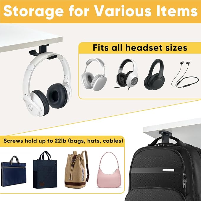 Under Desk Headphone Hanger with Strong Adhesive and Screws Mount, 360° Rotatable Dual Headset Holder Stand, Aluminum Metal Adjustable Headphone Hook, Perfect for Home Gaming & Office - Black - Image 3