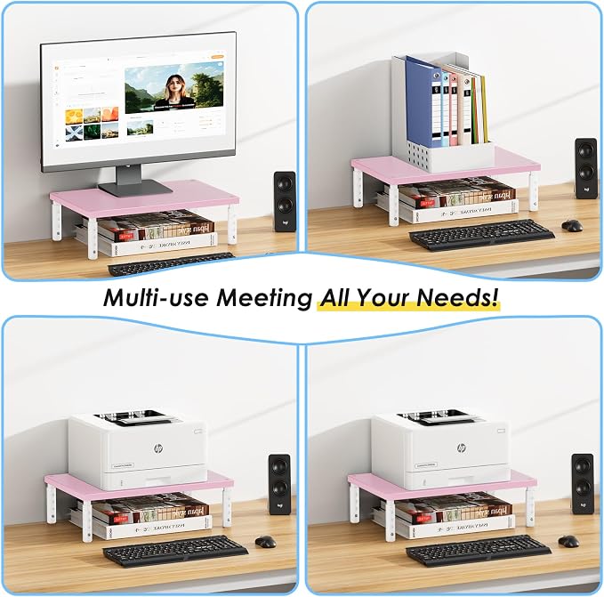 ECOLOVI Adjustable Wood Computer Monitor Stand Riser, Office Desk Organizer and Accessories for Monitor, Laptop, PC, Printer, Office Desk Accessories Workspace Organizer for Home Office Supplies, Pink - Image 4