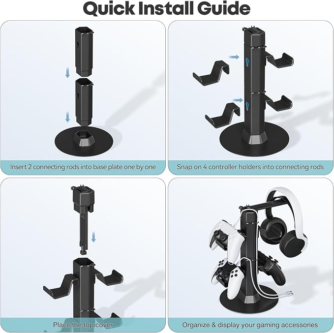 Gaming Controller & Headset Holder Stand for Desk, with Charger Cable Organizer Headphone Stand for PS5/ Xbox/ PS4/ Switch, Metal Base Controller Hook for Storage with 360° Rotatable Hanger- 2 Tiers - Image 6