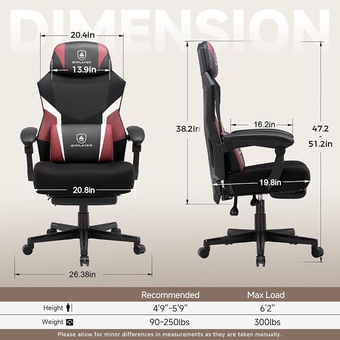 GTPLAYER Computer Chair with Adjustable Footrest, Ergonomic Gaming Chair with Headrest and Lumbar Support, Breathable Mesh Office Chair for Adults, High Back Reclining Desk Chair for Gaming and Office - Image 2