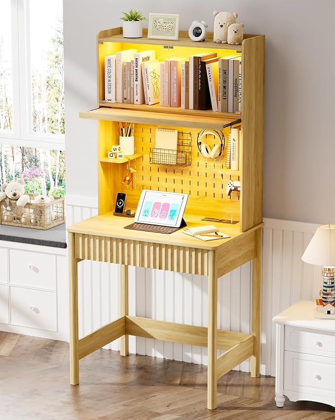 HNEBC Natural Computer Desk - with Power Outlets & Chariging Station,Small Writing Desk with Hutch and Drawers,66.3''H Office Desk with Pull-Out LED Lights,Pop-up Glass Door,Pegboards,Bedroom by HNEBC
