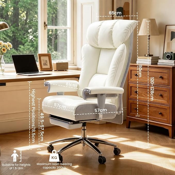 Efomao Big and Tall Executive Office Chair 450lbs,White | 5.9" Thick Pocket Spring Cushion, Reclining Breathable PU Leather Desk Chair with Foot Rest, Soft Comfortable Support - Image 8