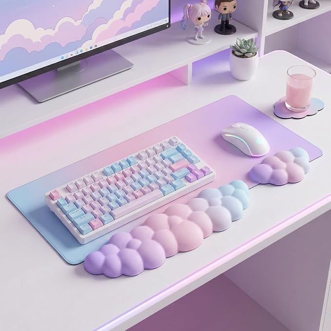 Cloud Mouse Pad Keyboard Wrist Rest 4PCS Extended Large Pink Sky Desk Mat Pad Set Memory Foam Non-Slip Cute Ergonomic Gaming Mouse Pad Wrist Support for Computer Laptop Home Office Pink Purple - Image 8