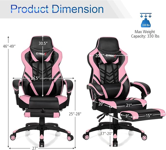 GYMAX Gaming Chair, Ergonomic Computer Chair with Footrest, Linkage Armrests & Lumbar Cushion, Big Wide High Back Video Gaming Chair, Reclining Office Rolling Chair for Adult/Teens (Pink) - Image 3