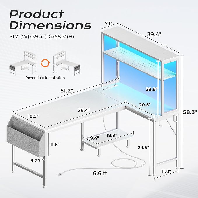 PRAISUN L Shaped Gaming Desk with LED Lights & Power Outlets | Reversible Computer Desk with Storage Shelves & Bag, Large Corner Home Office Desk with Pegboard for Work from Home, White - Image 2