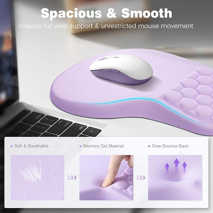 Ospelelf Ergonomic Mouse Pad and Keyboard Stand Wrist Rest Set, Memory Foam Comfort, Pain Relief for Typing, Office Desk Accessories, Purple - Image 3