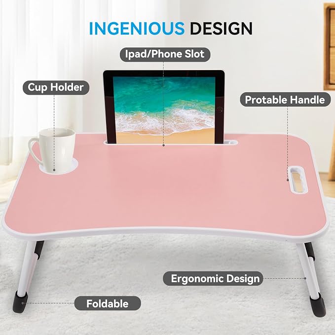BUYIFY Folding Lap Desk, 23 Inch Portable Wood Blue Laptop Bed Desk Lap Desk with Cup Holder, for Working Reading Writing, Eating, Watching Movies for Bed Sofa Couch Floor-Pink 02 - Image 4