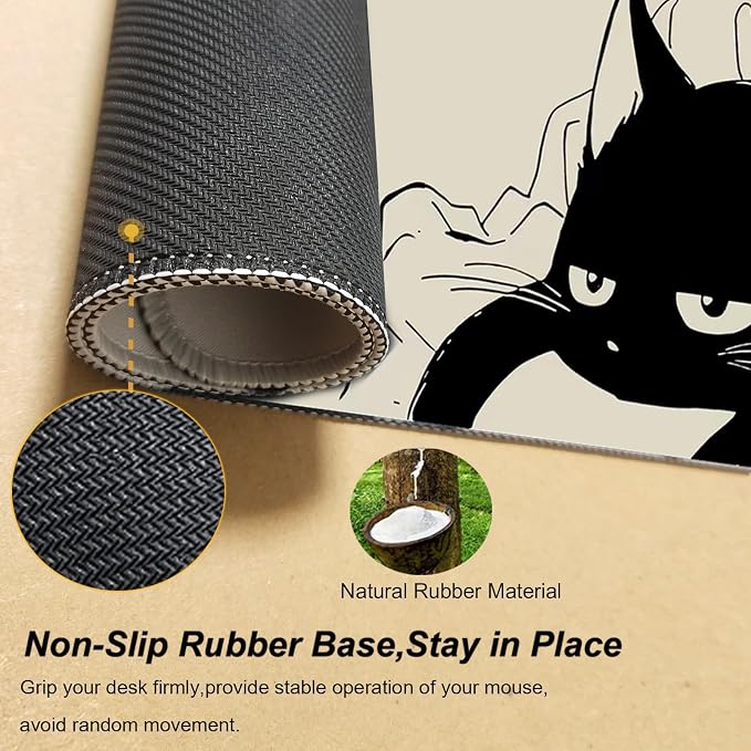 Gaming Mouse Pad XL Extended Anime Mouse Pad 31.5x11.8 inch, Large Cute Kawaii Big Computer Mouse Mat Desk Pad with Non-Slip Rubber Base and Stitched Edge for Home Office-Black Cat - Image 4