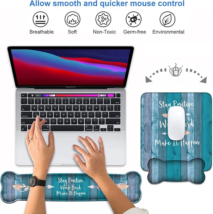 Keyboard Wrist Rest and Mouse Pad Wrist Support Set, Inspirational Quote Stay Positive Work Hard and Make It Happen Non-Slip Rubber PU Base for Home Office Working Studying Easy Typing & Pain Relief - Image 4