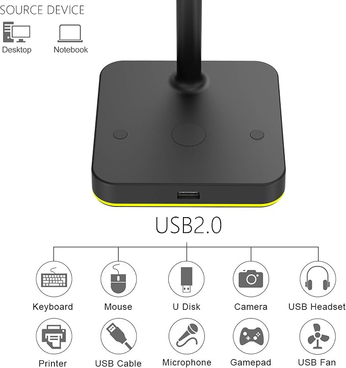 KAFRI RGB Headphone Stand with USB Hub Desk Gaming Headset Holder Hanger Rack with 1 USB2.0 Extension Charging Port Extender Cord - Suitable for Gamer Desktop Table Game Earphone Accessories, Black - Image 3