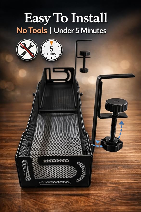 Under Desk Cable Management Tray – 25” Metal Cable Organizer with Clamp Mount, No Drill Wire Management Rack for Office & Home Desk (Black) - Image 3
