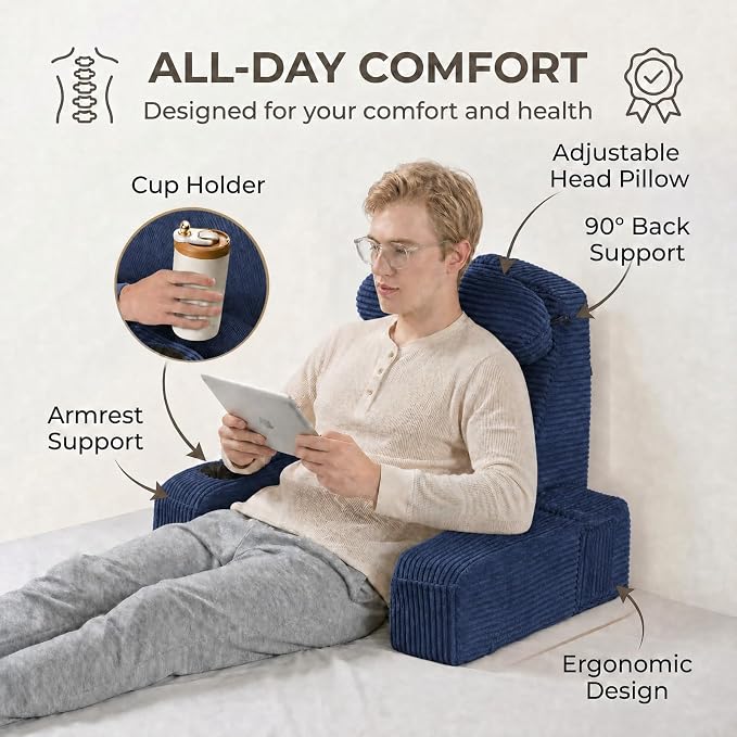 Reading Pillow for Adults, Back Pillow for Bed Sitting Up, Backrest Pillow for Sitting in Bed, Detachable Arms with Built-in Cup & Phone Caddy (Dark Navy-Corduroy, 21 INCH) - Image 5