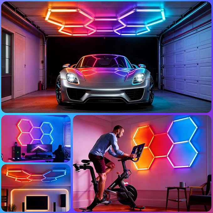HYPERLITE Hexagon Garage Lights: Gen-IV 5 Grid RGB Hexagon LED Lights with Music Sync Mode, App & Remote Control, Multi-Color Honeycomb Light for Gaming Room, Gym, Garage - Image 8