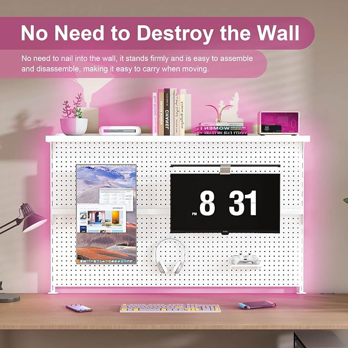 Majnesvon Clamp On Pegboard-Metal Office Pegboard Organizer with Monitor Stand, Peg Board Gaming for Desk with Hooks & Movable Partition, Office Storage Shelf for Workstation Setup (White 59x35 Inch) - Image 4