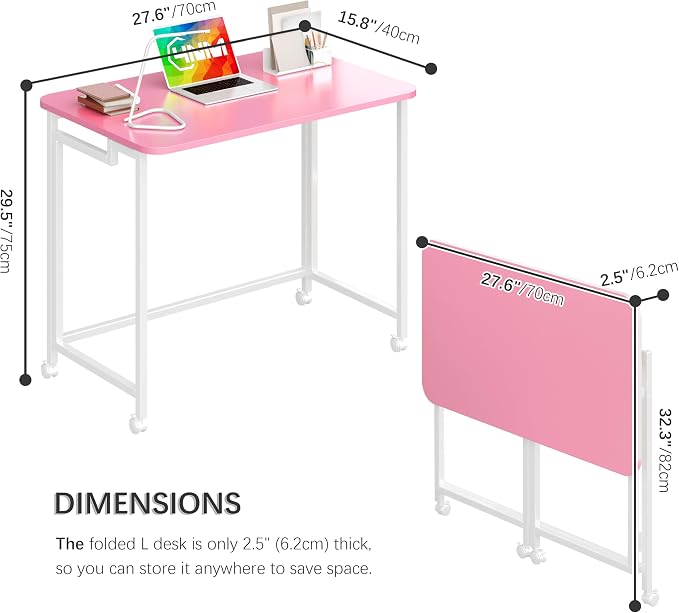 4NM 27.5" Mobile Small Rolling Computer Desk, Folding Laptop Cart Table with Wheels, Portable Office Desk for Small Space Couch Bed - Pink and White - Image 2