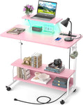 Height Adjustable Standing Desk with Power Outlets and LED Lights - 32" Manual Stand Up Desk with Monitor Stand and Storage Shelves Small Mobile Rolling Computer Desk Portable Laptop Table, Pink by Besiost