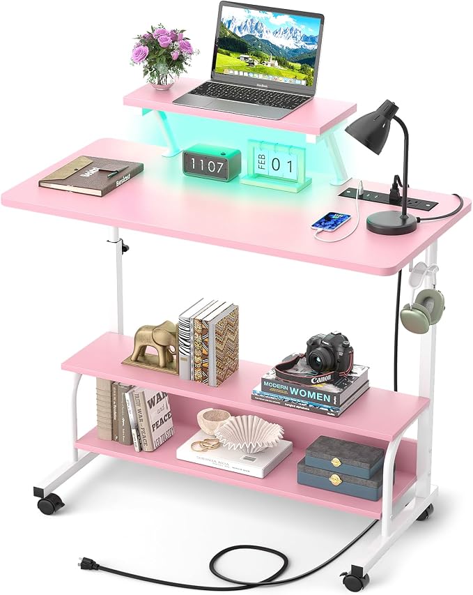 Height Adjustable Standing Desk with Power Outlets and LED Lights - 32" Manual Stand Up Desk with Monitor Stand and Storage Shelves Small Mobile Rolling Computer Desk Portable Laptop Table, Pink by Besiost