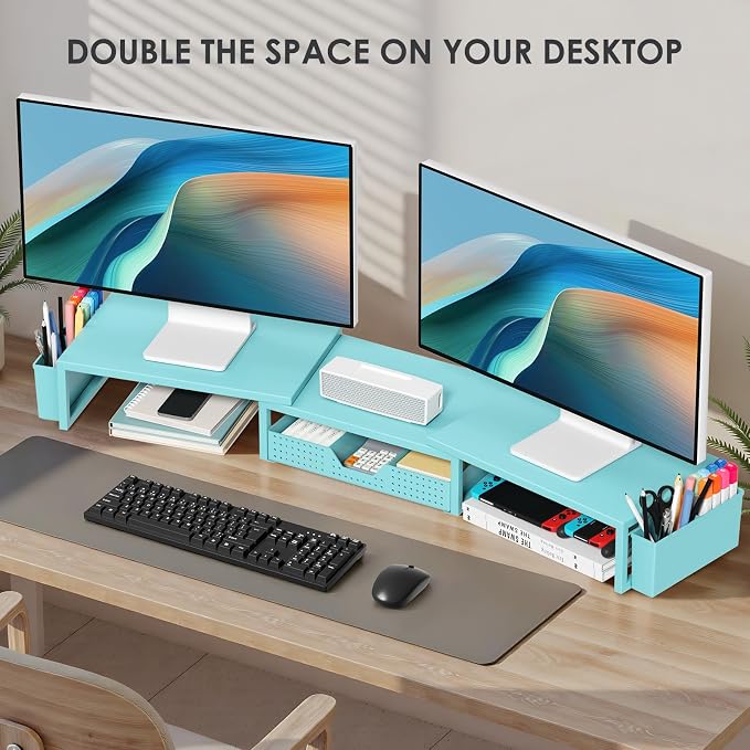 Desk Organizers and Accessories, Dual Monitor Stand Riser with Drawer and 2 Pen Holders, Desk Shelf Computer Racks for Office Workspace Organizers, Desktop Organization (Blue) - Image 4