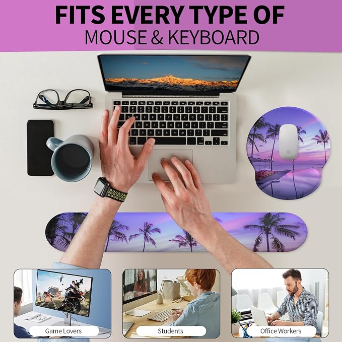 eulps Mouse Pad Wrist Support, Ergonomic Memory Foam Keyboard Wrist Pad & Gel Wrist Rest Set for Computer Keyboard for Easy Typing & Pain Relief for Office & Home (Mauve Twilight Set) - Image 5