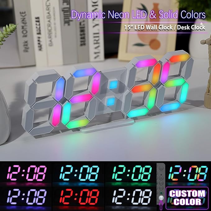 KOSUMOSU LED Wall Clock 15" RGB Digital LED Clock for Living Room Decor, Large Display Gaming Room Clocks, Dimming/12/24 Hr Time/Date/Temp/Remote (White Clock with Neon Light) - Image 5