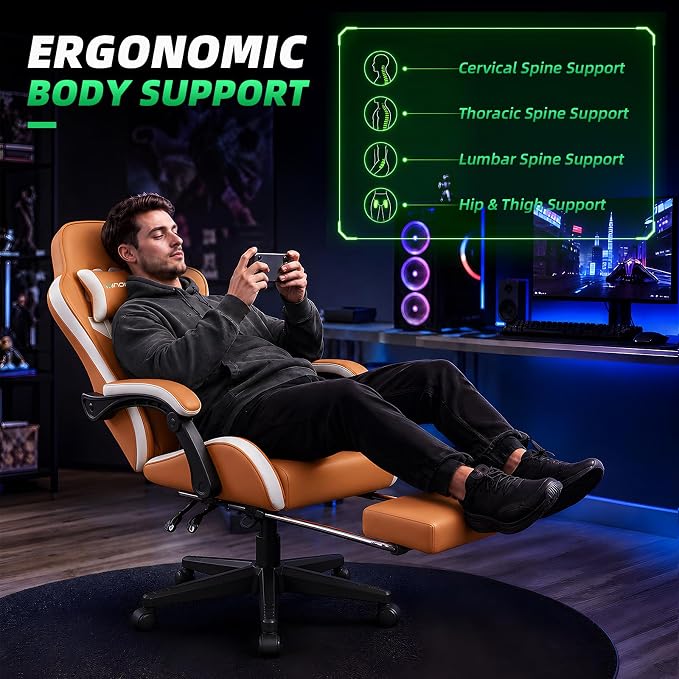 Gaming Chair Ergonomic Gamer Computer Office Chair,Footrest Lumbar Support | Reclining High Back, 400lbs Load, Pocket Spring Cushion, Adjustable Height, Linkage Armrests, 360° Swivel, Orange PU Leather - Image 7