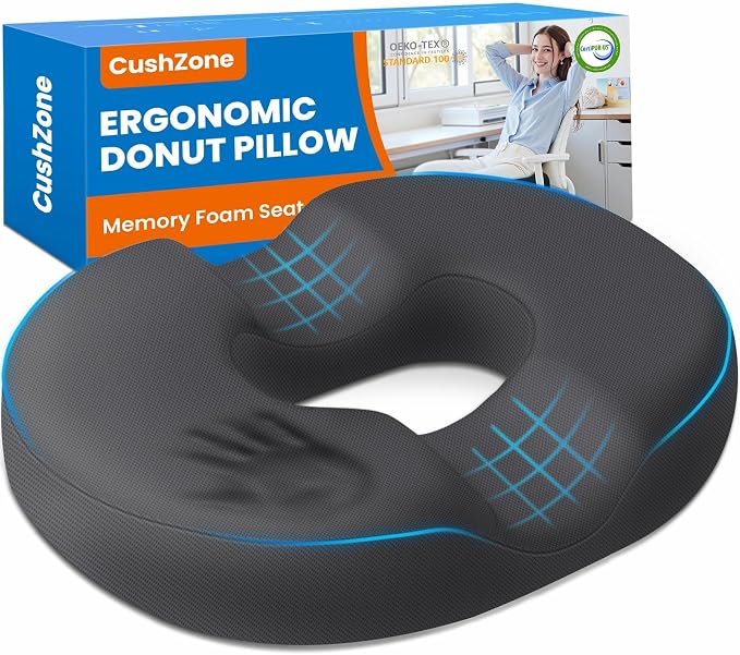 Donut Pillow Seat Cushion, Office Chair Cushion, Gray, Large | Ergonomic Design, Breathable Cover, for Tailbone Pain, Hemorrhoids & Long Sitting Hours, for Home & Office by CushZone