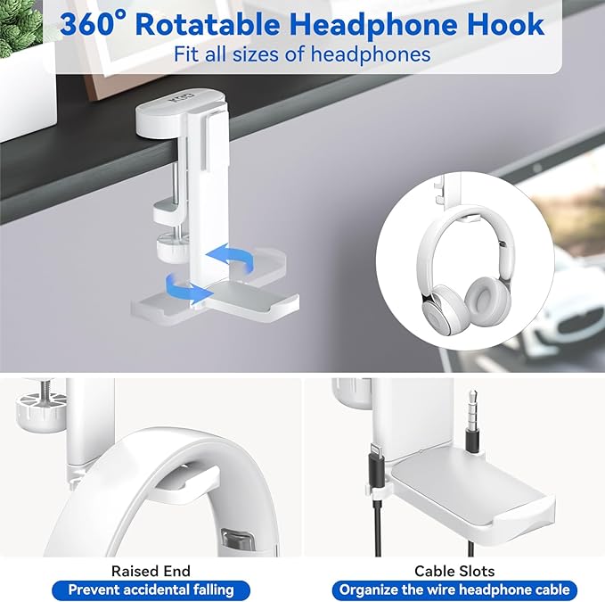 KDD 4-in-1 Desk Organizer - Under Desk Cup Holder and Headphone Hanger with 2 Wire Holes - Rotating Hanger and Detachable Storage for Cup, Phone and Pen (White) - Image 3