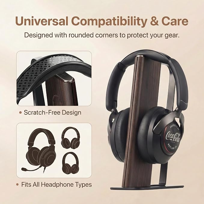 Headphone Stand Desk Cute, No Assembly, Dark Brown | Weighted Base Headset Holder for AirPods Max Sony Bose Beats Sennheiser, Stable Gaming & Studio Earphone Rack, - Image 6