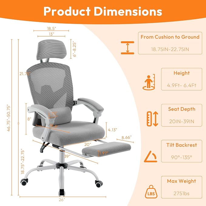 Ergonomic Office Chair with Footrest, Comfortable Desk Chair Gaming Chair | Leg Rest, Swivel Mesh Desk Chair with Headrest and Lumbar Support for Home, Office, Work, Study, Grey - Image 2