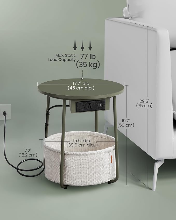 VASAGLE Side Table with Charging Station,Fabric Basket, Round End Table - Image 3