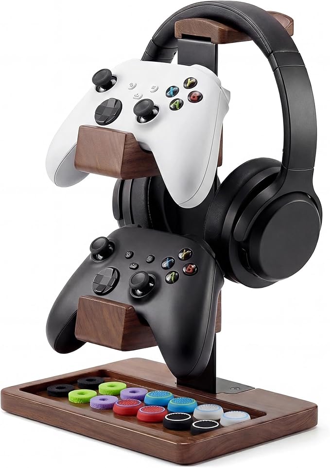 2-in-1 Solid Wood Headset Stand with Dual Game Controller Holder | Gaming Headphone Stand with Storage Base, 6 Joystick Sponge Rings and 8 Thumb Grips Gaming Equipment Accessories for Desk by Dent-de-lion