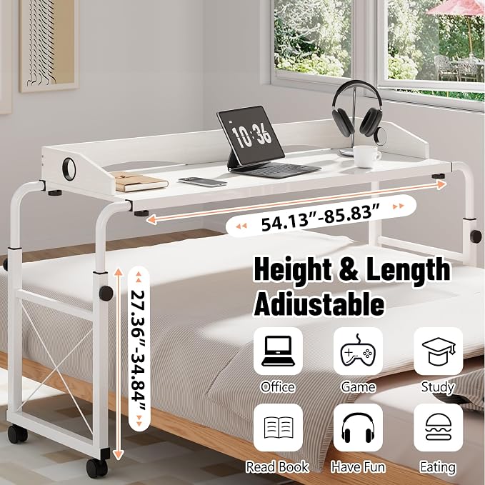 Overbed Table with Wheels, Adjustable Queen & King Bed Desk, White - Image 3