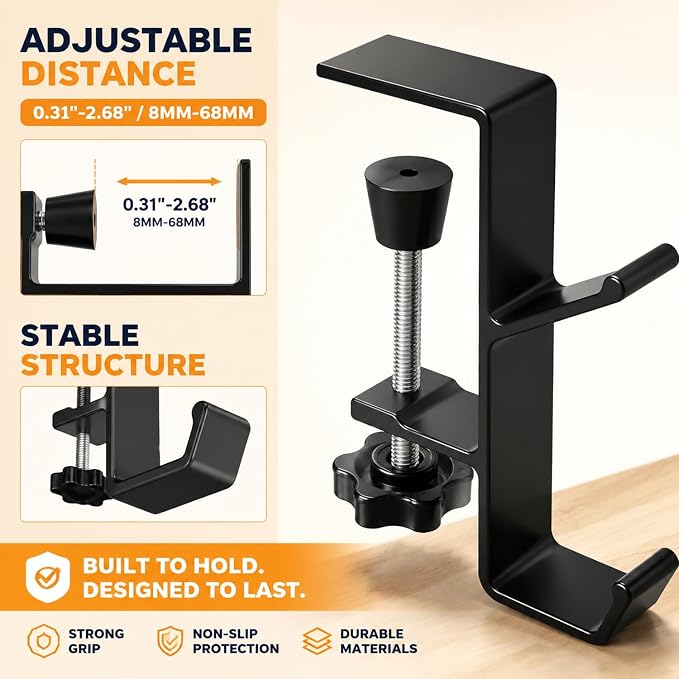 Headphone Stand - Aluminum Alloy Headphone Holder, Under Headset Stand for Desk Fit for PC Gaming Headset Hanger Hook Suitable for Office, Computer, Student Class Desk, Handmade Creator Table (Black2) - Image 5