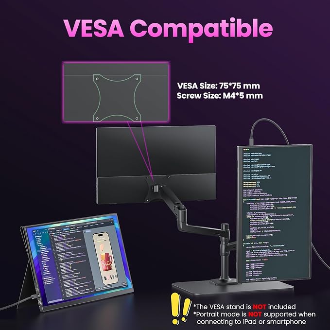Upperizon Portable Monitor 18.5 inch FHD 130% sRGB 100Hz HDR HDMI USB-C Travel Monitor for Laptop MacBook PC Surface PS5 Xbox, Large External Display with Cover & Speakers, VESA Compatible - Image 6