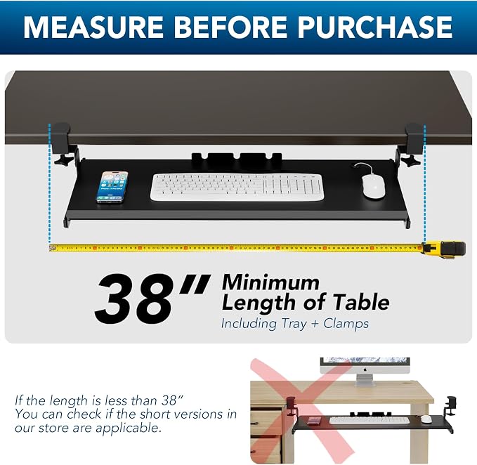 AX WABER Keyboard Tray Under Desk Pull Out with 3 Height Adjustable Extra Sturdy C Clamp Mount System, 32.8 (38 inch Including Clamps) x 12 Inch Slide-Out Platform Computer Drawer for Typing - Image 5