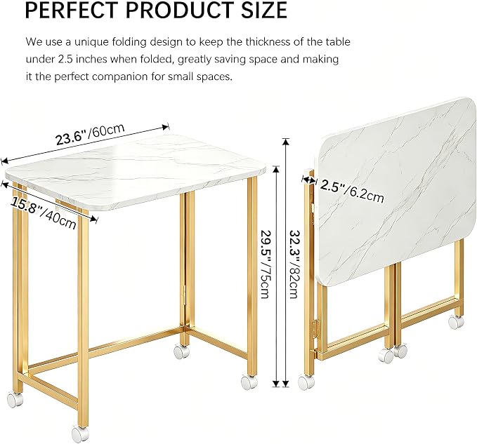 JSB Folding Desk for Small Spaces,Mobile Portable Rolling Laptop PC Table on Wheels,Foldable Computer Desk for Home Office,Bedroom,Dorm,Space Saving (White&Gold, 23.6") - Image 2