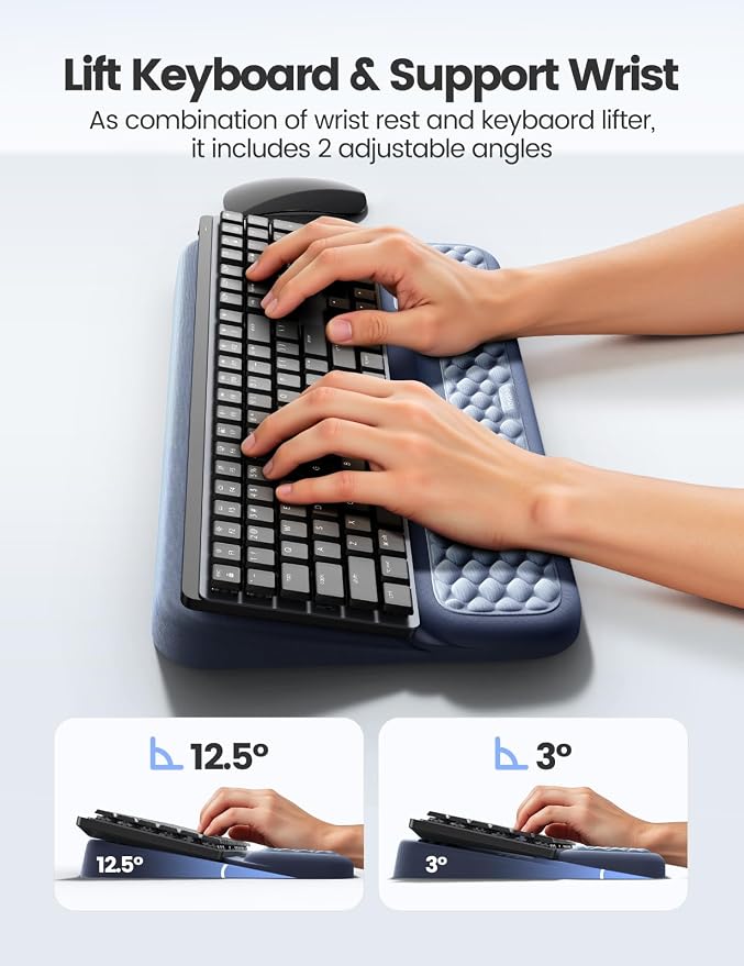 Vaydeer Wrist Rest with Keyboard Stand, Computer Wrist Support Pad, Ergonomic Keyboard Riser Holder Lift Tray with Wrist Pad, Soft Memory Foam Desk Cushion, Palm Hand Typing for Office Home Gift-Blue - Image 6