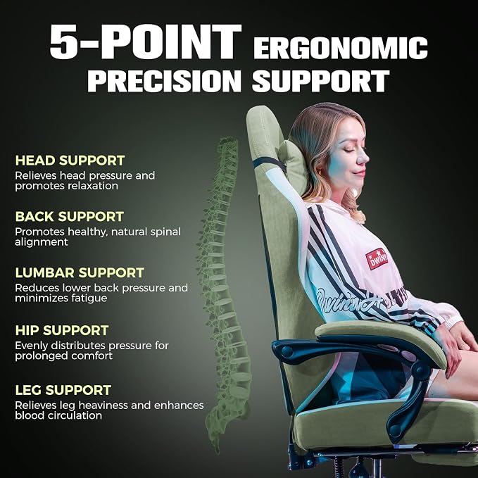 GTPLAYER Gaming Chair, Ergonomic Computer Chair with Footrest and Lumbar Support, High Back Recliner Chair 350lbs, Height Adjustable for Home Office, Green - Image 6