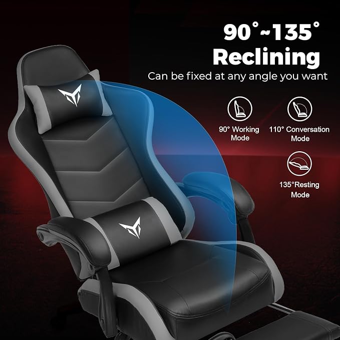 GTPLAYER Gaming Chair with Footrest, Video Game Chairs Racing Style PC Game Chairs 350lbs for Adults - Padded High Back Ergonomic Reclining Silla Gamer, Linkage Armrest, Grey - Image 6