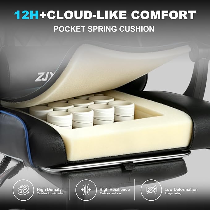 Gaming Chair with Pocket Spring Cushion, Ergonomic High Back Computer Chair with Footrest and Lumbar Support, Adjustable Height 360° Swivel Recliner, Blue - Image 4