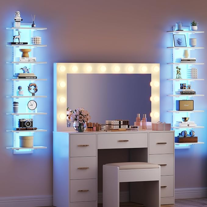 LED Wall Mounted Display Shelf with RGB Lights, 8-Tier Vertical Wall Shelf for Gaming Room, Bedroom and Living Room, Floating Shelves for Collectibles and Decor, 15"W x 5.5"D x 58.3"H, White - Image 8