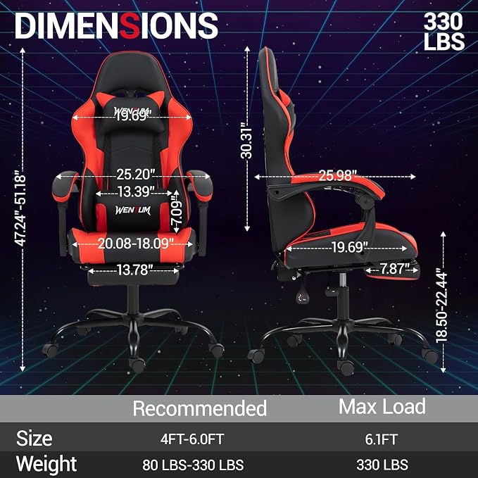 Gaming Chair with Footrest for Adults, PU Leather Massage Racing Video Game Chair w/Lumbar Support for Men Women, Ergonomic Computer Gamer Chair for Home Office, Height Adjustable, Red - Image 3