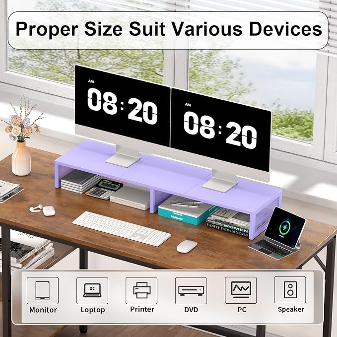 Dual Computer Monitor Stand Riser, Desk Organizers and Accessories, Printer & TV Stand, Desk Shelf, Office Desk Accessories & Desktop Workspace Organizer for Office Supplies, Purple - Image 3