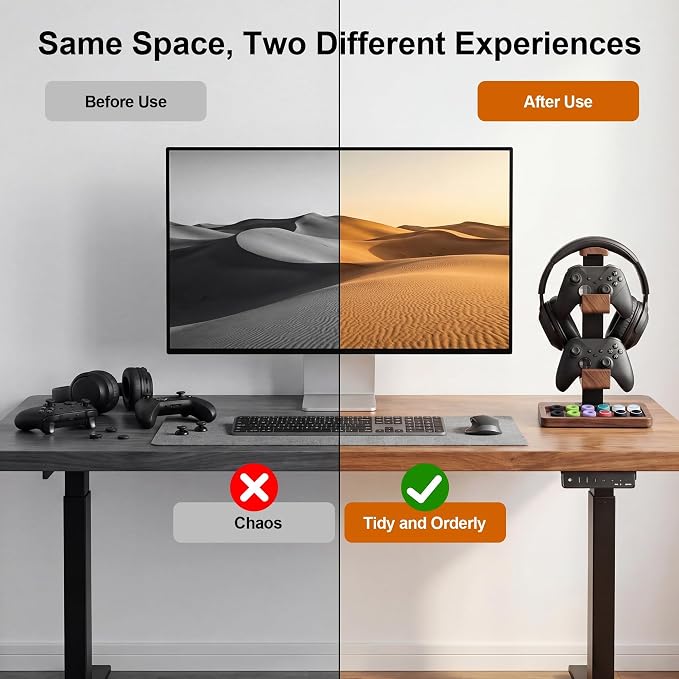 2-in-1 Solid Wood Headset Stand with Dual Game Controller Holder | Gaming Headphone Stand with Storage Base, 6 Joystick Sponge Rings and 8 Thumb Grips Gaming Equipment Accessories for Desk - Image 4