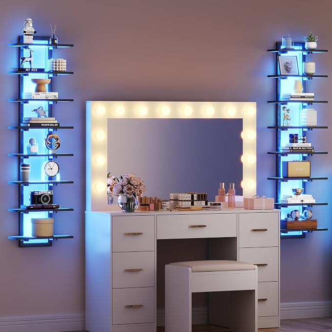 LED Wall Mounted Display Shelf with RGB Lights, 8-Tier Vertical Wall Shelf for Gaming Room, Bedroom and Living Room, Floating Shelves for Collectibles and Decor, 15"W x 5.5"D x 58.3"H, Black - Image 8
