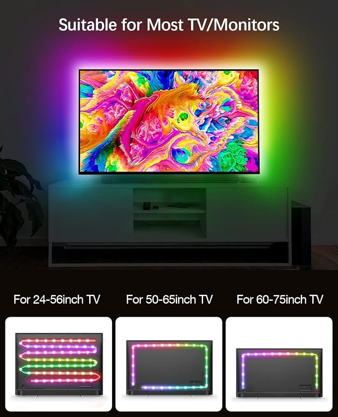 Daymeet TV Led Backlight,13.1ft ICRGB LED Lights for TV USB Light Strip for 40-65 inch Monitor Behind Lighting, Rainbow Color TV Lights Music Sync Bluetooth APP Control with Remote - Image 6